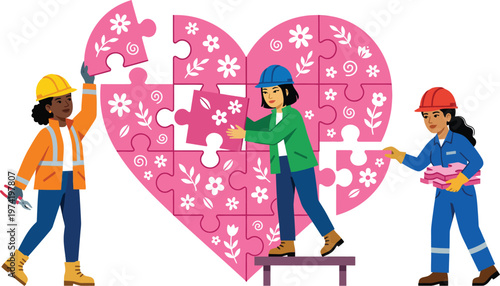 Three women in construction gear building a pink heart shaped puzzle