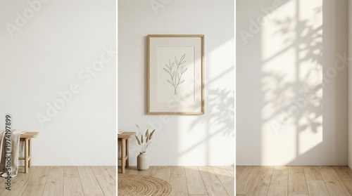 Interior scene with a framed picture and potted plant on a wooden table near a window with sunlight casting leaf shadows on the wall and floor
