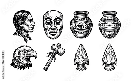 A monochrome vector set of Native American and tribal artifacts. Includes eagle, mask, pottery, arrowhead. Vintage engraving style perfect for logos, emblems, and cultural designs.