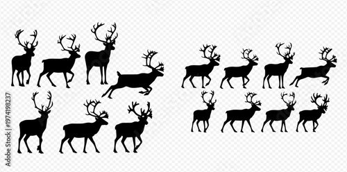 Set of black reindeer silhouettes in various poses, including walking, running, and standing, ideal for holiday designs.