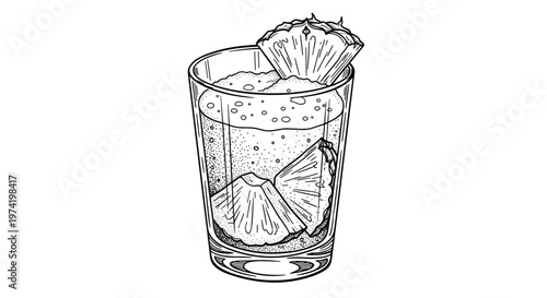 Detailed line art illustration of a glass filled with refreshing pineapple juice, featuring pineapple slices, on a white background