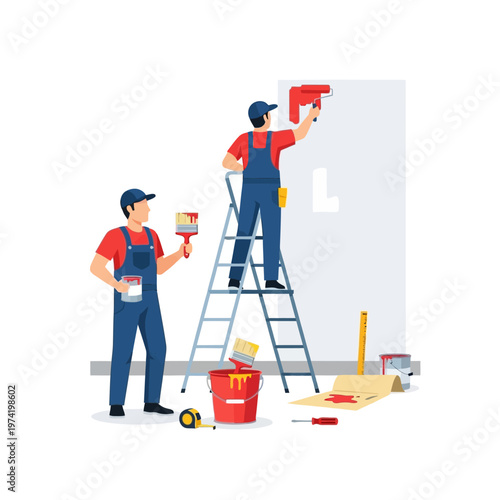 Painters painting wall with roller and brush, renovation and home improvement concept