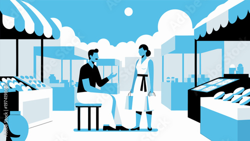 Outdoor market scene with vendor couple at fruit table striped awning vector illustration