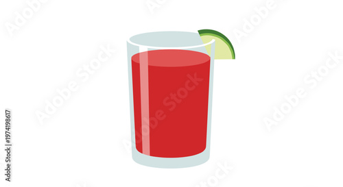 Illustration of a glass filled with vibrant red watermelon juice, garnished with a fresh lime wedge, set against a clean white background