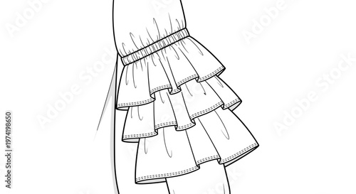 Illustration of elegant ruffle blouse with layered sleeves in black and white sketch style
