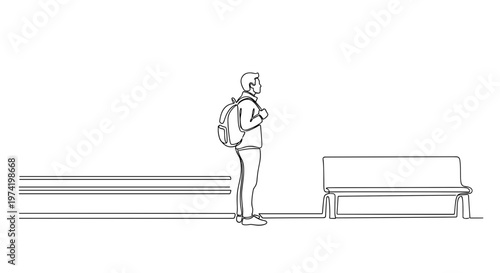 Line drawing of a man with a backpack waiting at a station, standing beside a bench, minimalist style with clean lines and white background