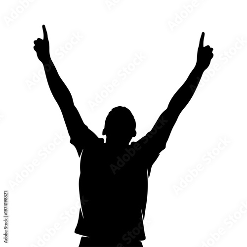 A triumphant person in silhouette raises their arms in victory against a white background silhouette