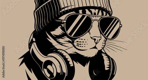 Vintage cool cat vector illustration, hipster kitten wearing sunglasses and beanie, retro feline character with headphones for music branding