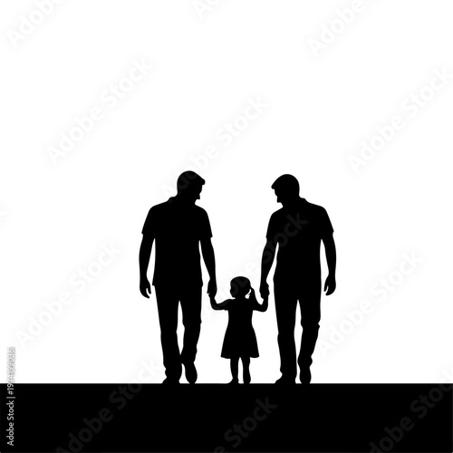 A silhouette of two men holding hands with a little girl against a white background