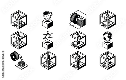 A set of isometric black and white icons illustrating 3D printing technology. Covers concepts like prototyping, engineering, and manufacturing. Clean vector design.