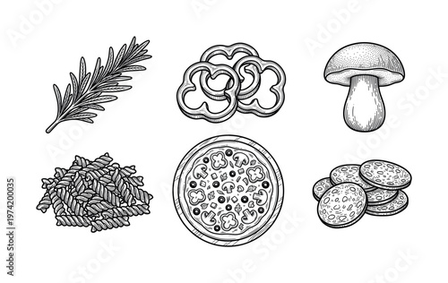 Vintage set of Italian food ingredients. Hand drawn vector pizza, pasta, mushroom, salami, rosemary, pepper for restaurant menu, recipe book, packaging or label.