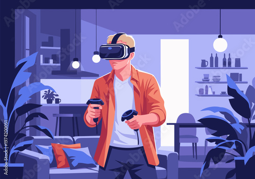Relaxed vector illustration of man in orange shirt wearing VR headset gaming in modern purple living room