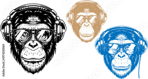 Cool chimpanzee head vector set, monkey wearing headphones and sunglasses, urban streetwear ape mascot illustrations in black blue and tan