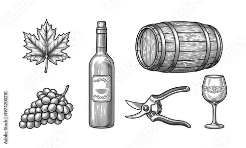 Set of vintage winemaking elements in a hand-drawn engraving style. Includes bottle, glass, barrel, grapes, and leaf. Perfect for wine menus, labels, and winery branding.