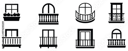Balcony, window icon collection showcasing elegant architectural elements, contemporary facade features, clean geometric styles, exterior design symbols