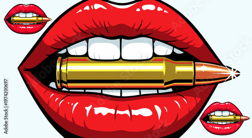 Pop art vector illustration of red lips biting a gold bullet, edgy comic book style mouth with teeth, aggressive female power concept art