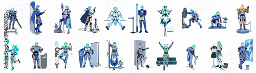 Set of eighteen anime characters in futuristic blue armor engaging in various fan convention activities like cosplaying, volunteering, and gaming.