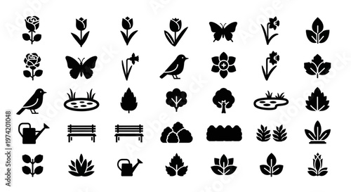 Floral and garden elements collection in black ideal for design on transparent background silhouette