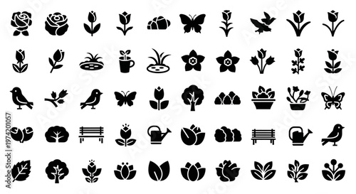 Floral and nature icons collection with butterflies on transparent background silhouette