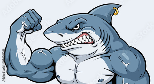 Muscular shark mascot illustration, aggressive fitness shark character with large biceps, powerful blue shark bodybuilder vector for sports logos
