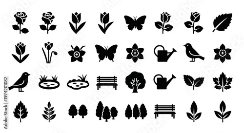 Black floral and garden icons set with a transparent background silhouette