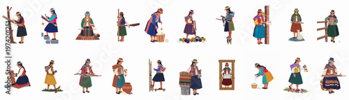 Set of flat vector illustrations of Andean women in traditional dress performing textile crafts like weaving, spinning wool, and working on looms.