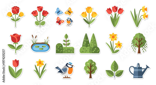 Colorful floral and nature sticker set with butterflies on transparent background silhouette