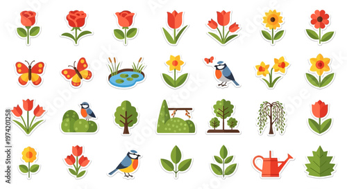 Colorful spring floral and nature elements perfect for design on transparent background silhouette