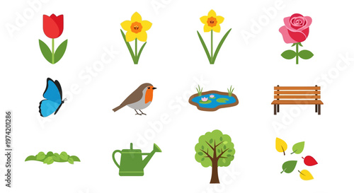 Springtime garden icons featuring flowers birds and park elements on transparent background silhouette
