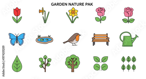 Colorful garden nature elements collection with a silhouette on transparent background
