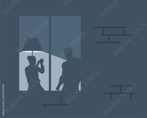 Abused young woman trying to hide and defend herself, against window background. Stop violence against women. Family scandal, crisis, domestic violence and abuse. Man beating up his wife.