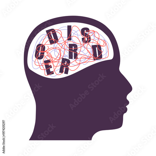 Psychotherapy, stress and psychosis. A man head in profile with a tangled ball of nerves, scribbles symbolizing a depressed state of a person. Psychological help. Personality disorder and depression