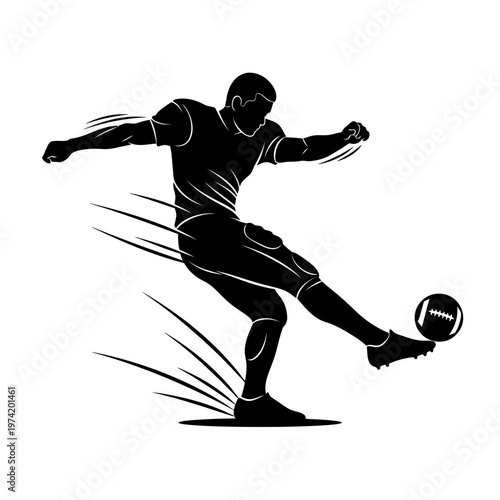 Silhouette of a football player kicking a ball with motion blur effect