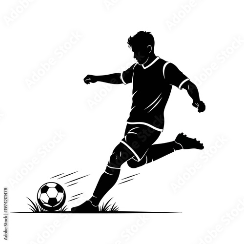 Silhouette of a soccer player kicking a ball on a white background