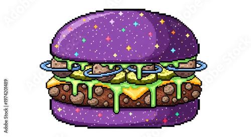 Cosmic Galaxy Burger with Planet Rings and Starry Universe Bun Pixel Art Vector
