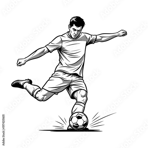 Soccer Player Kicking Ball in Dynamic Action Shot - Black and White Illustration