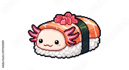Kawaii Axolotl Sushi Nigiri Character with Salmon Topping Cute Pixel Art Illustration