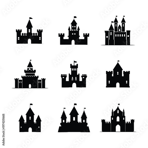 Black Silhouette Castle Icon Set - Medieval Fortress Vector Illustration Collection with 12 Fantasy Castle Designs