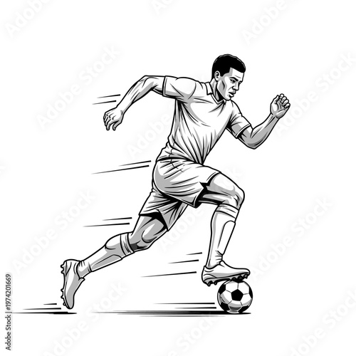 Soccer Player Running with Ball, Dynamic Action Shot, Sports Athlete