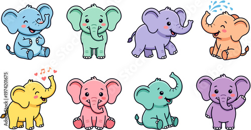 ute Baby Elephant Kawaii Character Set with Different Poses and Expressions
Adorable Cartoon Elephant Collection in Various Cute Poses Vector Illustration
