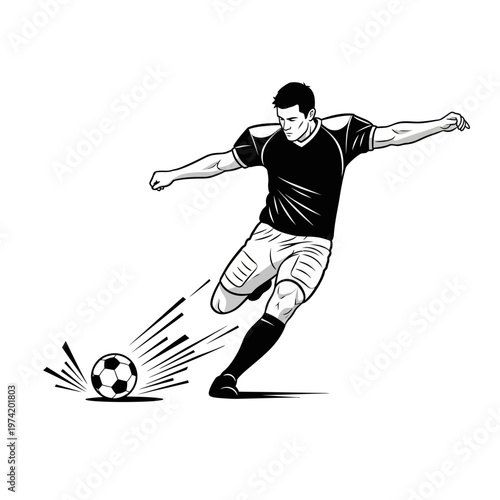 Dynamic Soccer Player Kicking Ball in Action - Black and White Illustration