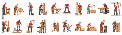 Comprehensive collection of carpenter characters and woodworkers performing various woodworking tasks using professional tools and lumber, isolated on a white background.