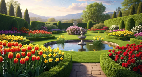 A vibrant garden landscape with a fountain and floral arrangements silhouette on transparent background