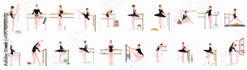 Large collection of minimalist flat illustrations featuring various ballerinas practicing and performing different ballet poses and exercises at a barre.