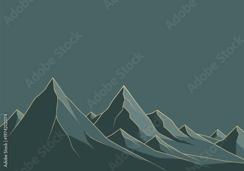 vector,illustration of stylized dark teal mountain range with yellow outlines and soft lighting