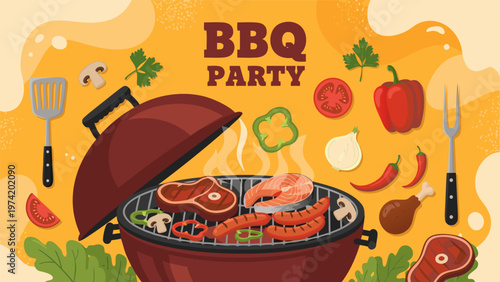 vector illustration of festive barbecue party with grill skewers steak peppers shrimp tongs spatula fork