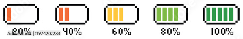 Battery charging process illustration, different battery charge levels set, pixel style battery indicators, energy power status icons, charging progression visuals, modern digital interface elements