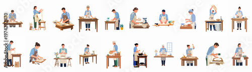 A comprehensive collection of male and female bakers engaged in various stages of bread making, from kneading dough to final preparation.