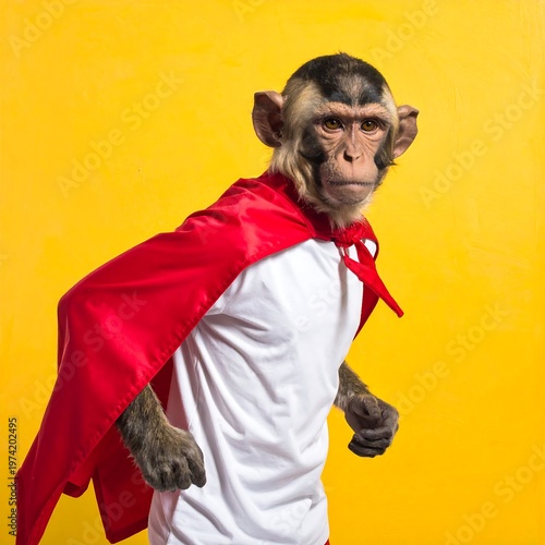 A monkey in a red cape and white shirt on yellow