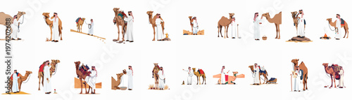 A collection of vector illustrations depicting Arab men in traditional clothing interacting with camels in various desert scenes on a white background.